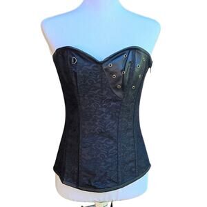 Charmian Black Lace Damask Steampunk Corset Top Size L Large Bustier Gromet Zip